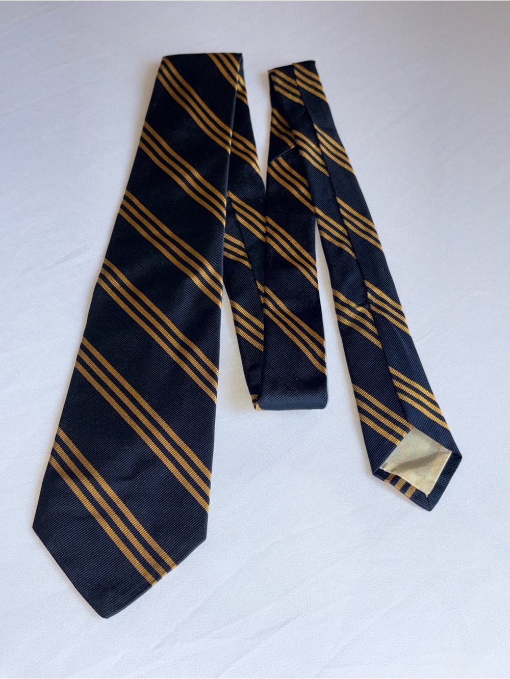VTG Brooks Brothers Makers Silk Repp Stripe Tie Navy Yellow Blue Block Tag